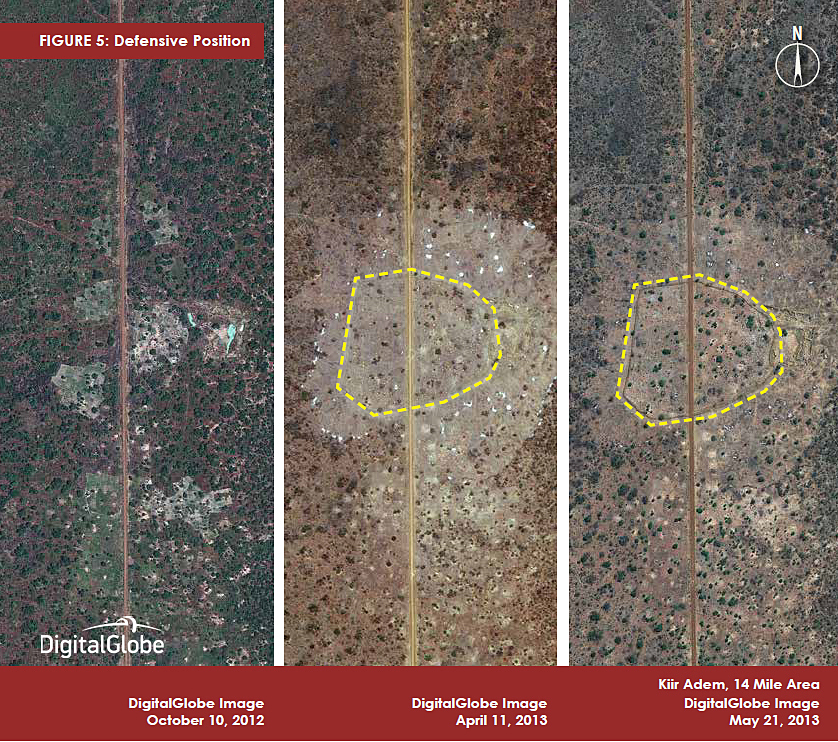 Slika 5, Obrambni položaji, Kiir Adem, območje 14 milj, 10. oktober 2012, 11. april 2013 in 21. maj 2013. Z dovoljenjem DigitalGlobe.