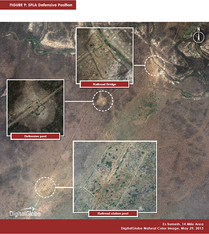 Slika 4, Obrambni položaji SPLA, Es Sumeih, območje 14 milj, 29. maj 2013. Z dovoljenjem DigitalGlobe.