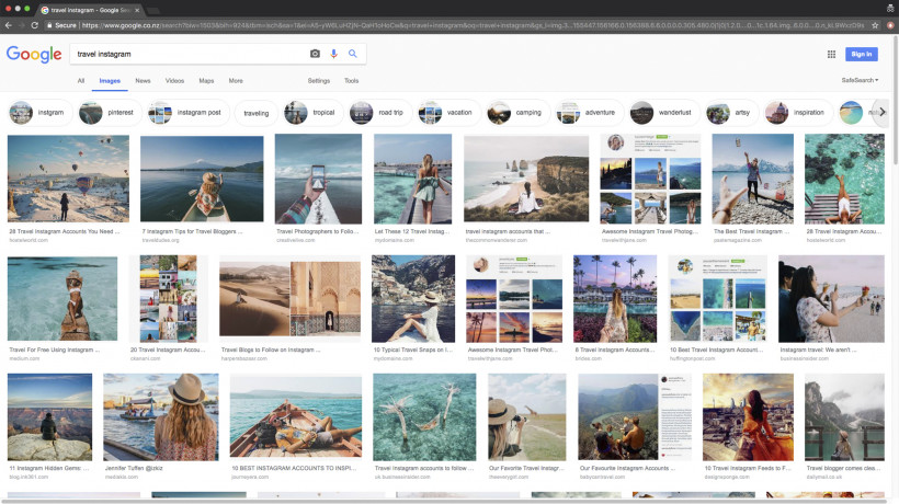 Slika 1 Posnetek ekrana z rezultati Googlovega iskanja za niz »travel instagram«, ki je nastal 2. oktobra 2018 ob 11:23:55. © 2018 Google in Google logo sta registrirani znamki Google LLC, objavljeno z dovoljenjem.