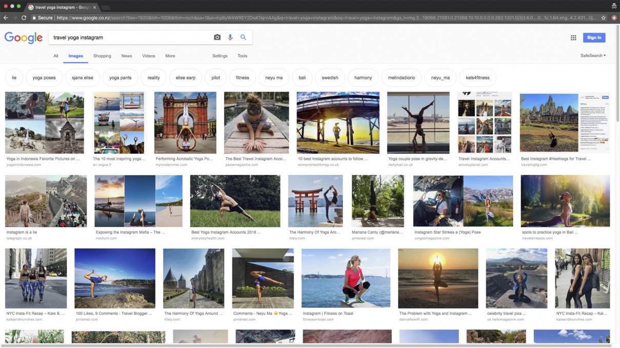 Slika 2 Posnetek ekrana z rezultati Googlovega iskanja za niz »travel yoga instagram«, ki je nastal 2. oktobra 2018 ob 11:23:04. © 2018 Google in Google logo sta registrirani znamki Google LLC, objavljeno z dovoljenjem.