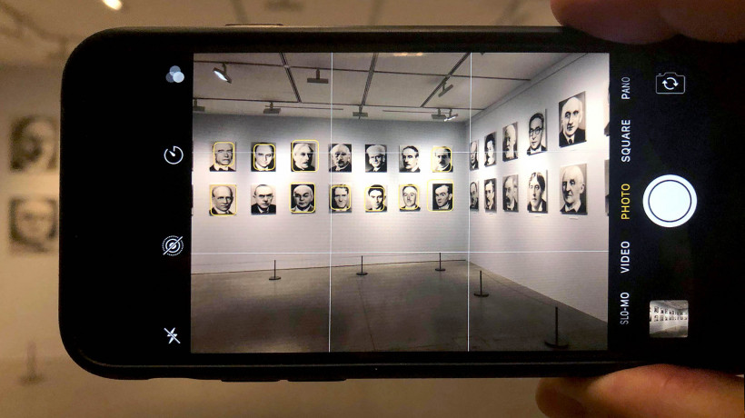 Gerhard Richter: 48 Portraits, seen through an iPhone camera with facial recognition overlay. Photograph: J. Hillman.