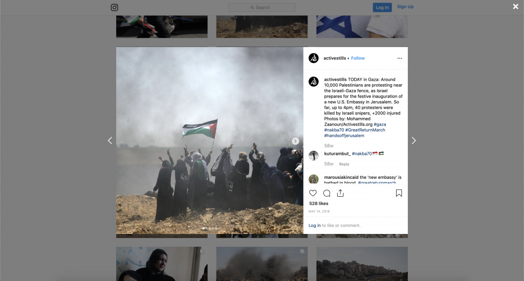 Slika 8. Activestills.org. Objava na Instagramu, 14. maj 2018.