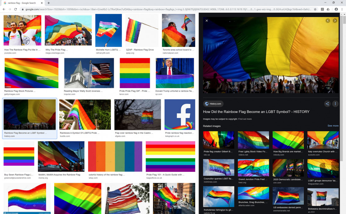 Nataša Ilec: Protest, Symbol, and Web Browser. Google image search. Search word: “Rainbow Flag”. Screen shot, November 28, 2019.