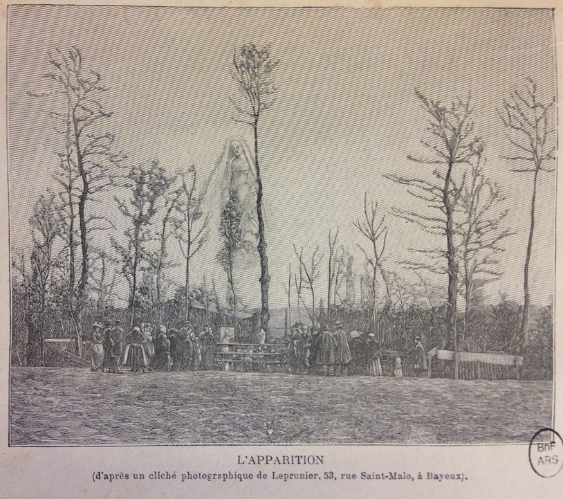 Slika 7. Prikazovanje (gravura iz fotografije Julesa Leprunierja). Iz Gaston Méry, La voyante de la rue de Paradis et les apparitions de Tilly-sur-Seulles - quatrième fascicule (Pariz, 1896), 225.