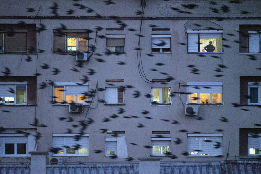 Jonas Bendiksen, iz Knjige o Velesu, Severna Makedonija, 2020, Veles. Stanovanjska zgradba v mraku © Jonas Bendiksen / Magnum Photos, založba GOST Books. Z dovoljenjem avtorja.