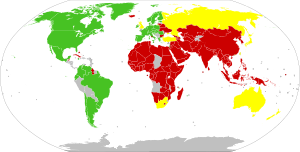 Zeleno – dovoljena; rumena – dovoljena z omejitvami; rdeče – prepovedana; sivo – ni podatka (Wikipedia N. d.).
